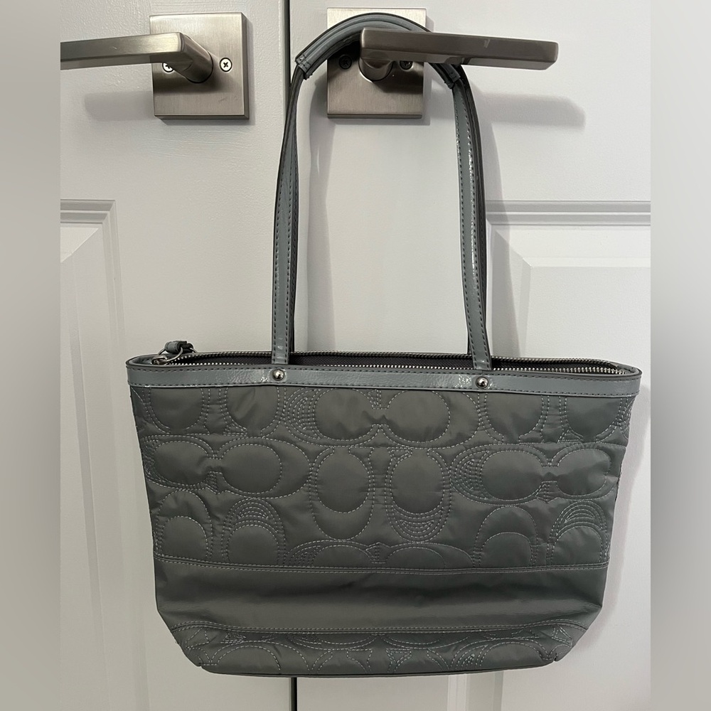 Coach Gray Signature Stitched Nylon/Leather Tote Bag - Picture 2 of 6